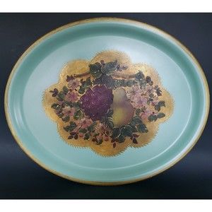 60s Toleware Hand Painted Metal Oval Tray 16.5" x 13.5" Bar Kitchen Serving Vtg